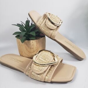 Juicy Couture Tan Raffia Slides with Gold Heart Accent Slide Sandal sz 8